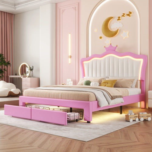 Full Size Upholstered Bed Frame With LED Lights, Modern Upholstered Princess Bed With Crown Headboard, 2 Drawers