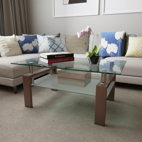 Rectangle Walnut Glass Coffee Table, Clear Coffee Table, Modern Side Center Tables For Living Room