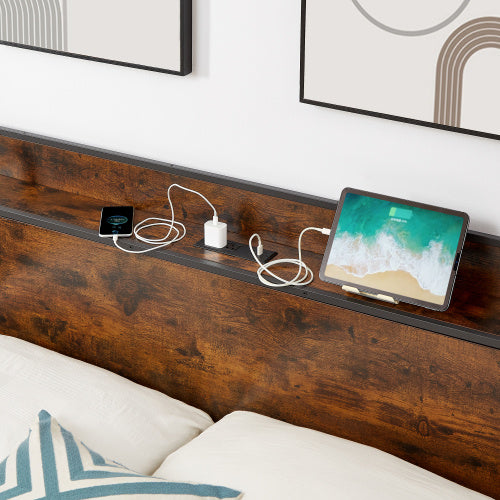 Bed Frame With Charging Station Full Size, Rustic Brown