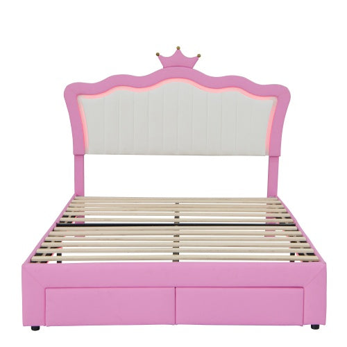 Full Size Upholstered Bed Frame With LED Lights, Modern Upholstered Princess Bed With Crown Headboard, 2 Drawers