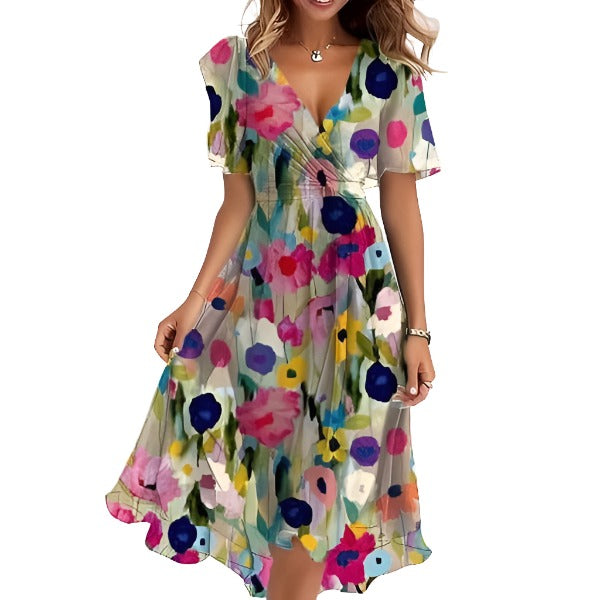 Printed Short Sleeve V-neck Dress