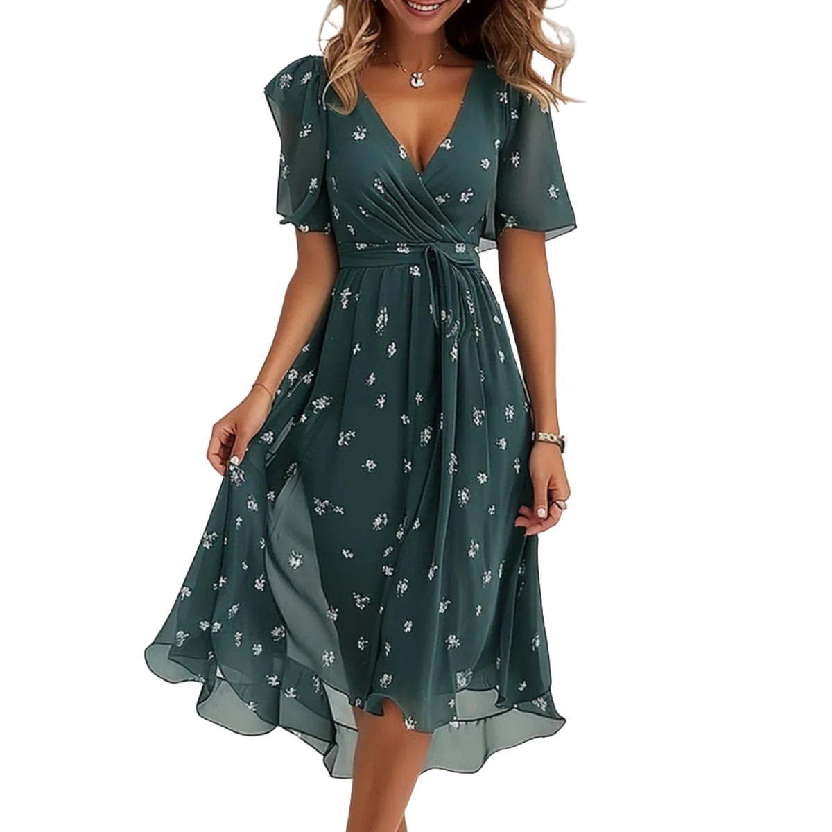 Printed Short Sleeve V-neck Dress