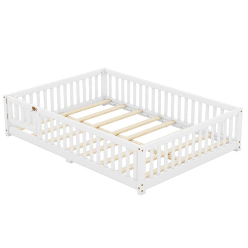 Full Size Bed Floor Bed With Safety Guardrails And Door For Kids, White