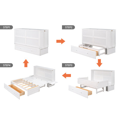 Queen Size Mobile Murphy Bed With Drawer And Little Shelves On Each Side,White