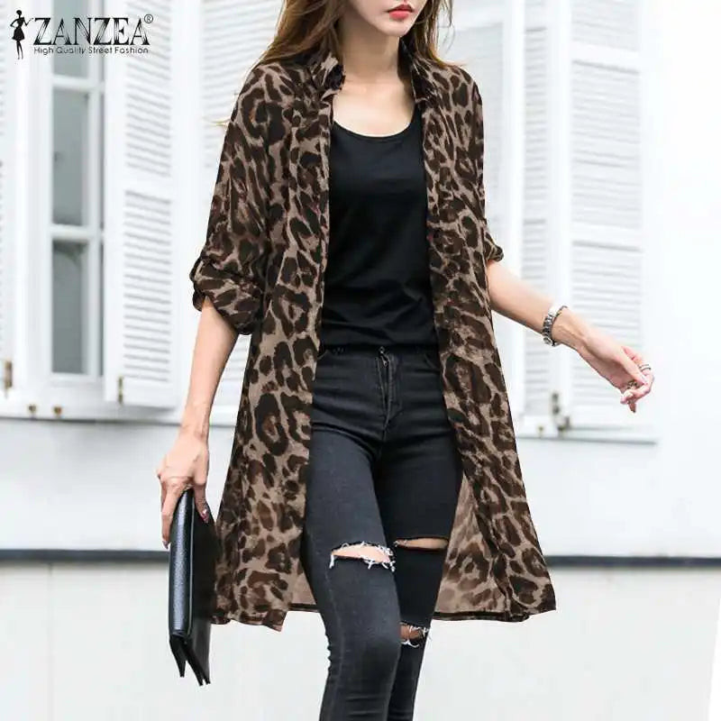 Fashion Leopard Print Cardigans Women's Summer Cover-Up Blouses ZANZEA 2024 Casual Long Kimono Cape Female Lapel Tunic Chemise