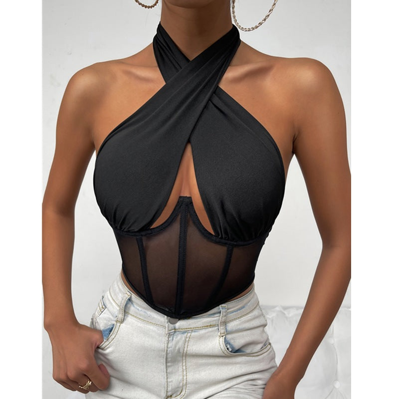 wsevypo Sexy Cross Halter Corset Bustier Mesh Bone Tank Tops Women Tie Up Wrap Tube Tops Backless Slim Fit Cut Out Front Tops