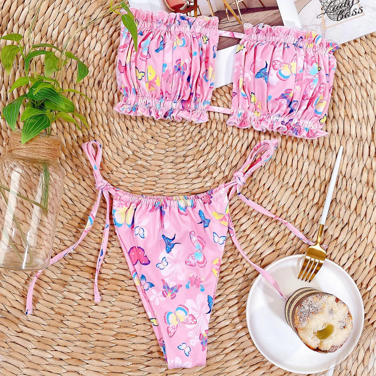 Sexy Bikini 2024 Pleated Bandeau Swimsuit Female Swimwear Women Mini Thong Bikini Set Bather Swimming Beachwear for Bathing Suit