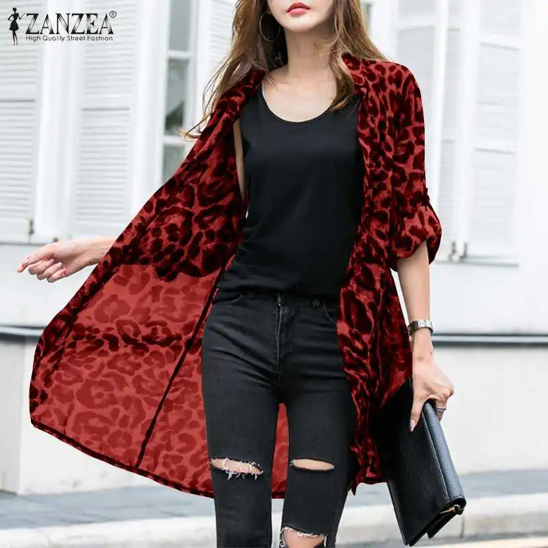 Fashion Leopard Print Cardigans Women's Summer Cover-Up Blouses ZANZEA 2024 Casual Long Kimono Cape Female Lapel Tunic Chemise