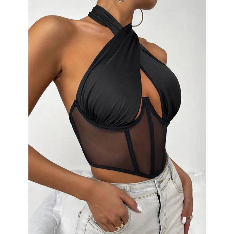 wsevypo Sexy Cross Halter Corset Bustier Mesh Bone Tank Tops Women Tie Up Wrap Tube Tops Backless Slim Fit Cut Out Front Tops