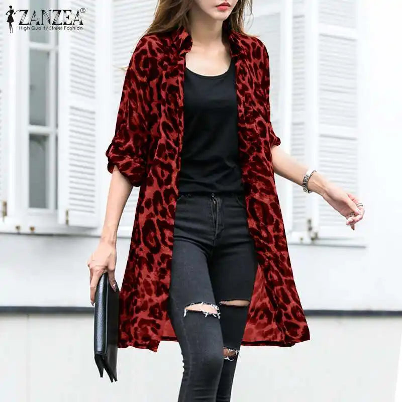 Fashion Leopard Print Cardigans Women's Summer Cover-Up Blouses ZANZEA 2024 Casual Long Kimono Cape Female Lapel Tunic Chemise