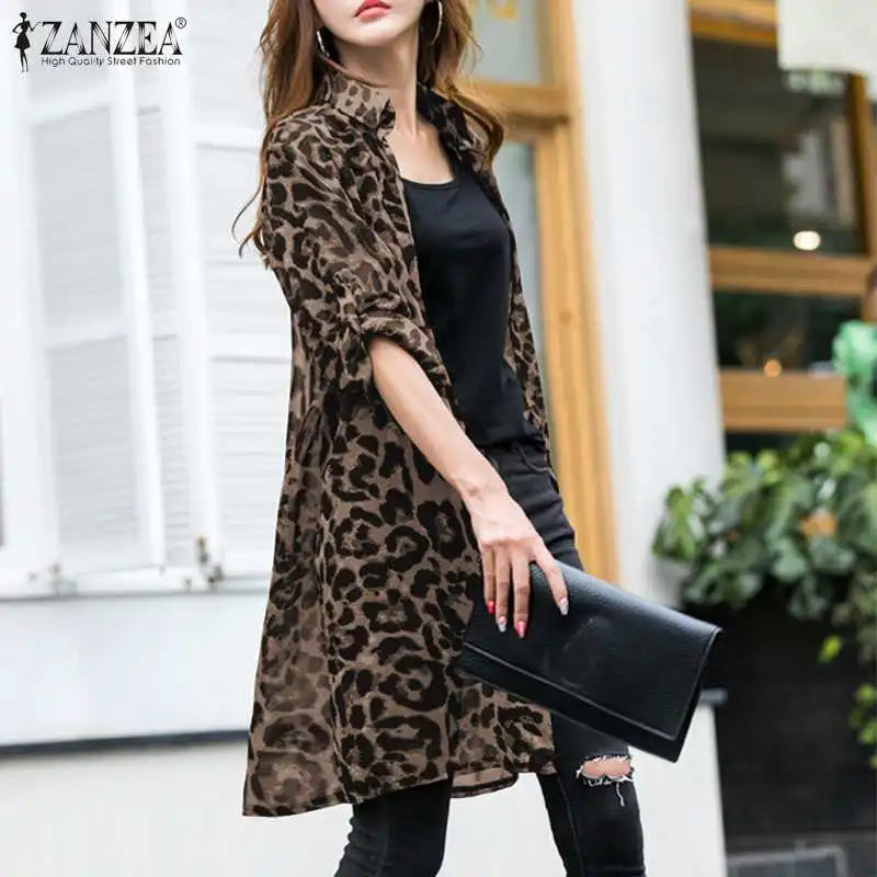 Fashion Leopard Print Cardigans Women's Summer Cover-Up Blouses ZANZEA 2024 Casual Long Kimono Cape Female Lapel Tunic Chemise