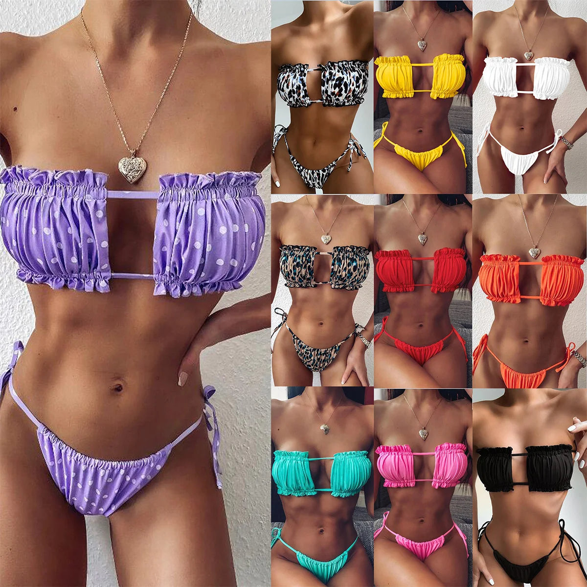 Sexy Bikini 2024 Pleated Bandeau Swimsuit Female Swimwear Women Mini Thong Bikini Set Bather Swimming Beachwear for Bathing Suit