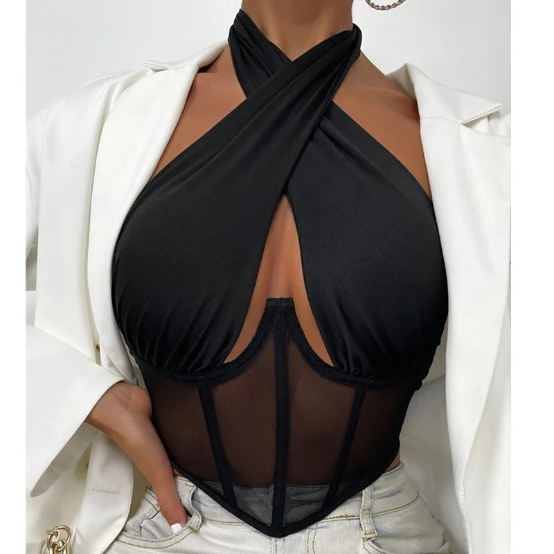 wsevypo Sexy Cross Halter Corset Bustier Mesh Bone Tank Tops Women Tie Up Wrap Tube Tops Backless Slim Fit Cut Out Front Tops