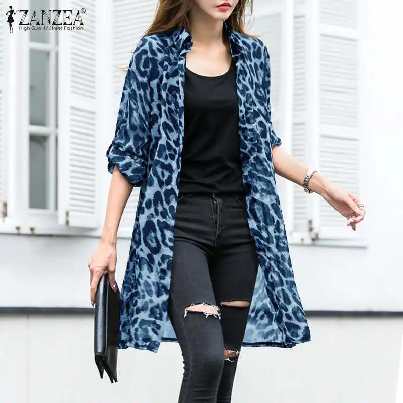 Fashion Leopard Print Cardigans Women's Summer Cover-Up Blouses ZANZEA 2024 Casual Long Kimono Cape Female Lapel Tunic Chemise