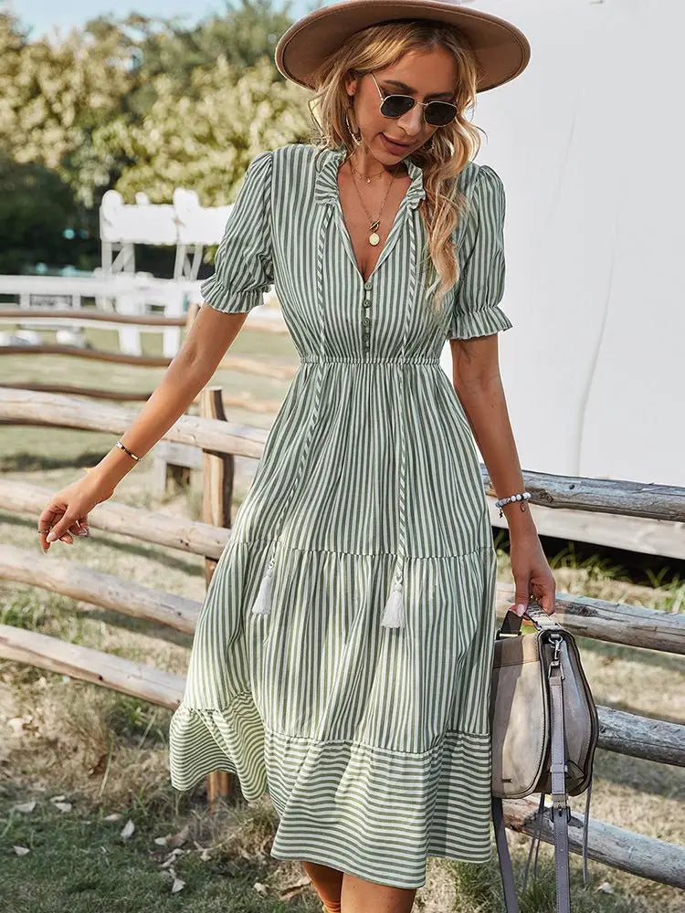 Women Elegant Striped Lantern Sleeve Summer Dress Causal V-neck Button Ruffles Midi Dress 2023 Women Beach Holiday Party Dress