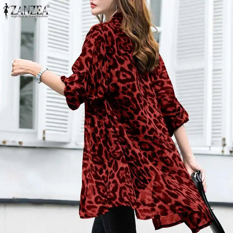 Fashion Leopard Print Cardigans Women's Summer Cover-Up Blouses ZANZEA 2024 Casual Long Kimono Cape Female Lapel Tunic Chemise