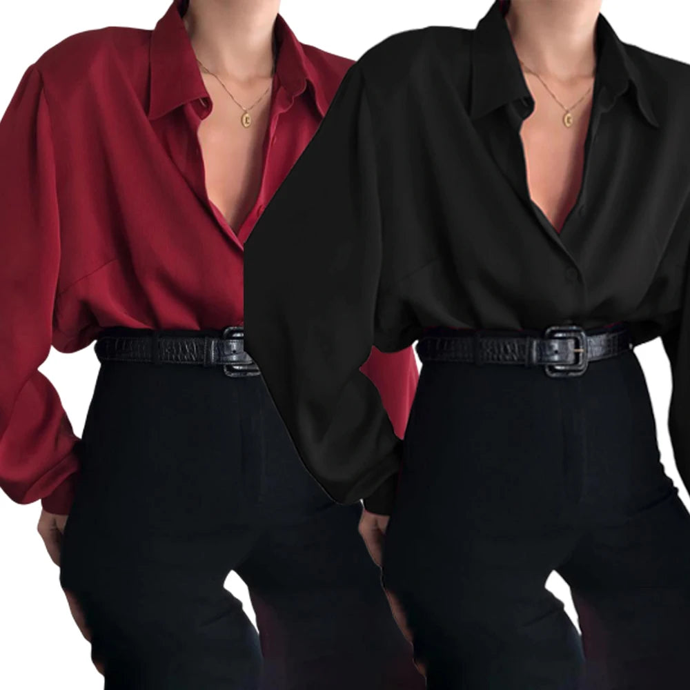 Women Button Blouses Turn Down Collar Shirts Office Lady Long Sleeve Casual Blouse Loose OL Shirt Baggy Tops Red/Wine Red /Black