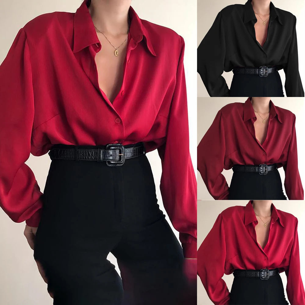 Women Button Blouses Turn Down Collar Shirts Office Lady Long Sleeve Casual Blouse Loose OL Shirt Baggy Tops Red/Wine Red /Black