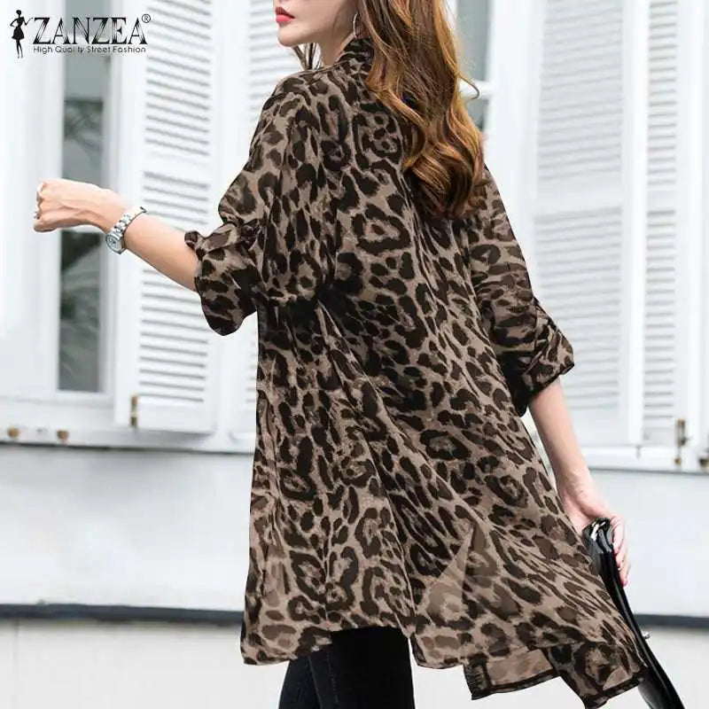 Fashion Leopard Print Cardigans Women's Summer Cover-Up Blouses ZANZEA 2024 Casual Long Kimono Cape Female Lapel Tunic Chemise