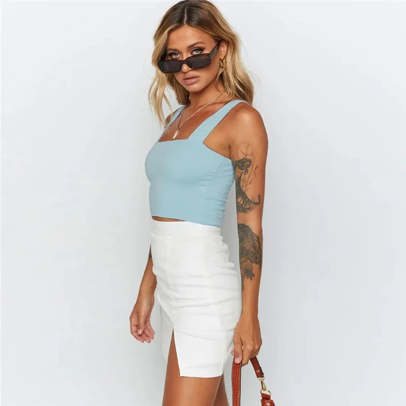 Square Neck Sleeveless Summer Crop Top White Women Black Casual Basic T Shirt Off Shoulder Cami Sexy Backless Tank Top