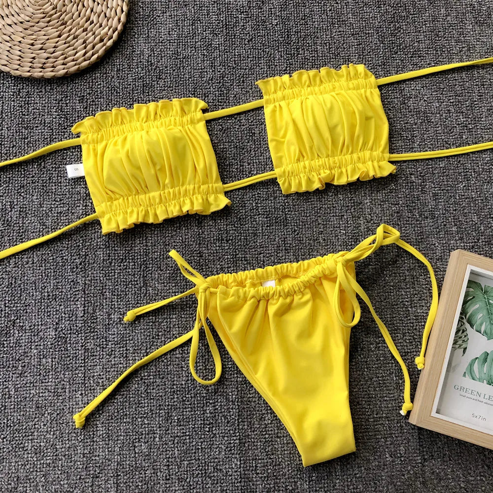 Sexy Bikini 2024 Pleated Bandeau Swimsuit Female Swimwear Women Mini Thong Bikini Set Bather Swimming Beachwear for Bathing Suit