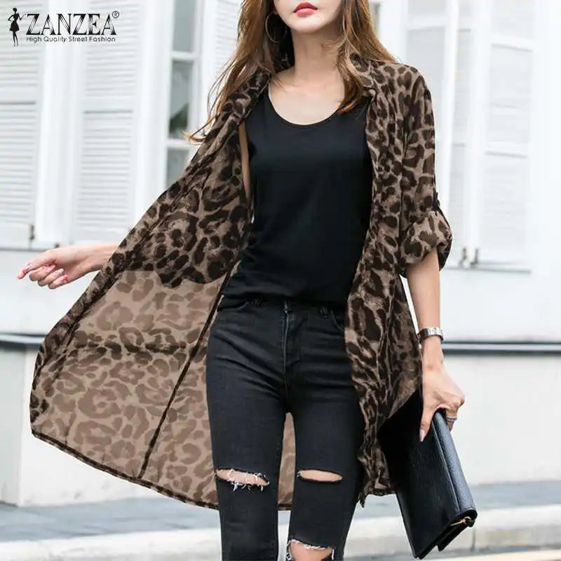 Fashion Leopard Print Cardigans Women's Summer Cover-Up Blouses ZANZEA 2024 Casual Long Kimono Cape Female Lapel Tunic Chemise