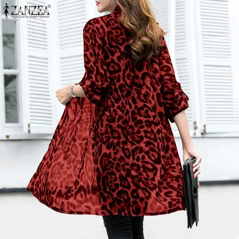 Fashion Leopard Print Cardigans Women's Summer Cover-Up Blouses ZANZEA 2024 Casual Long Kimono Cape Female Lapel Tunic Chemise