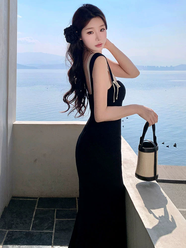 French Black Backless Dress Step-by-Step Lotus Sling