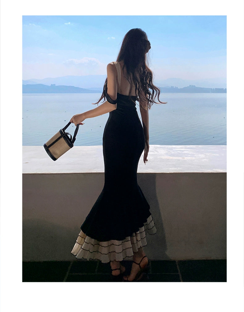 French Black Backless Dress Step-by-Step Lotus Sling