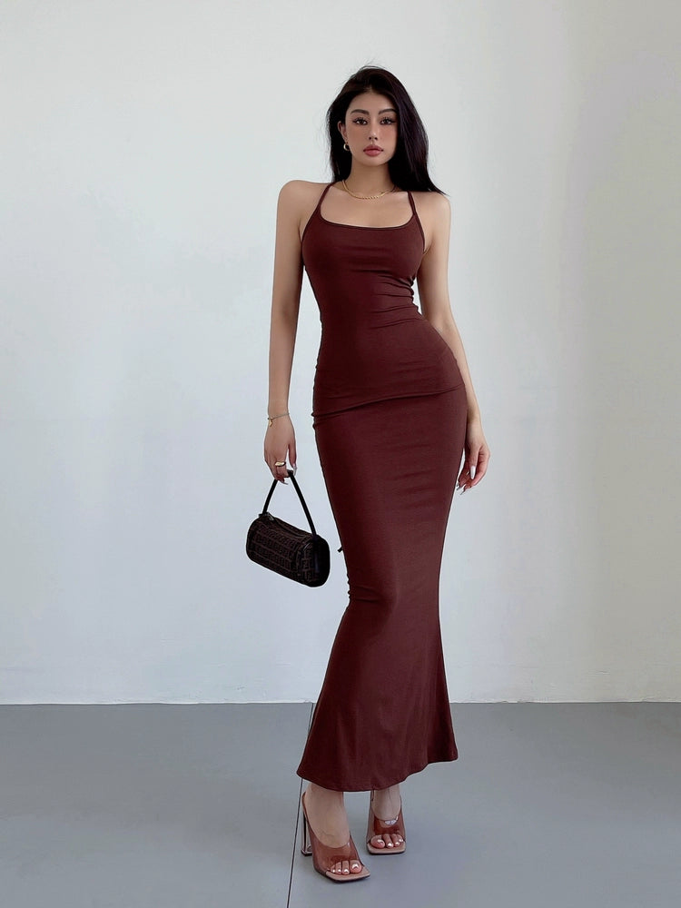 Liviahome American Style Sexy Lace-up Backless Slip Dress Long Dress Women's Sexy Slim Fit Slimming Sheath Mermaid Dress