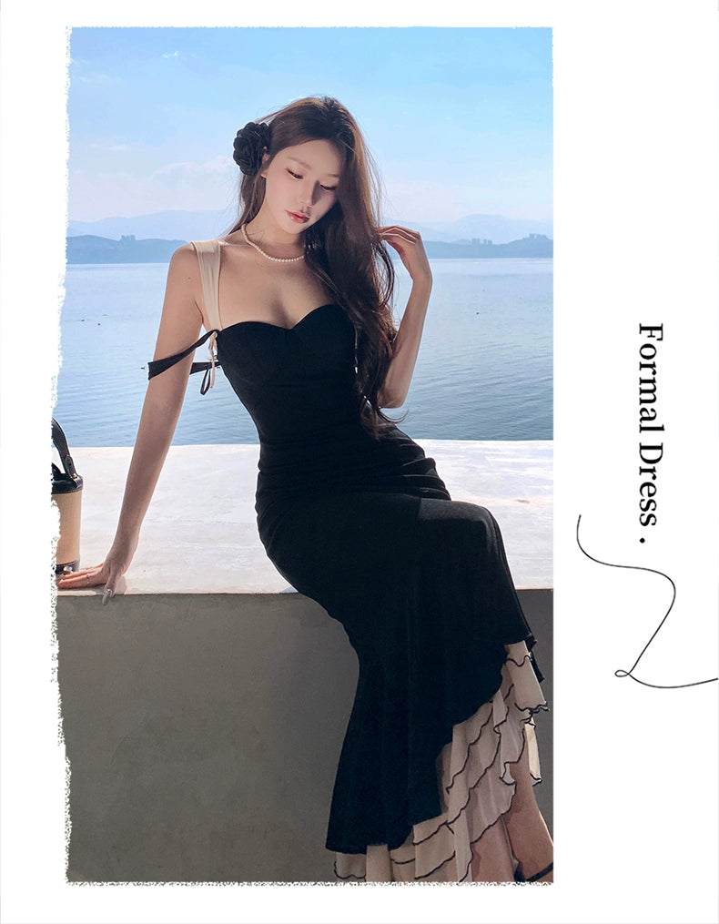 French Black Backless Dress Step-by-Step Lotus Sling