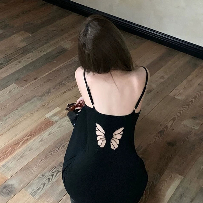 Fancy Butterfly Backless Slip Dress 2024 Summer New Arrival Sexy Sexy Slim Fit Slimming Hip Bag Fishtail Dress