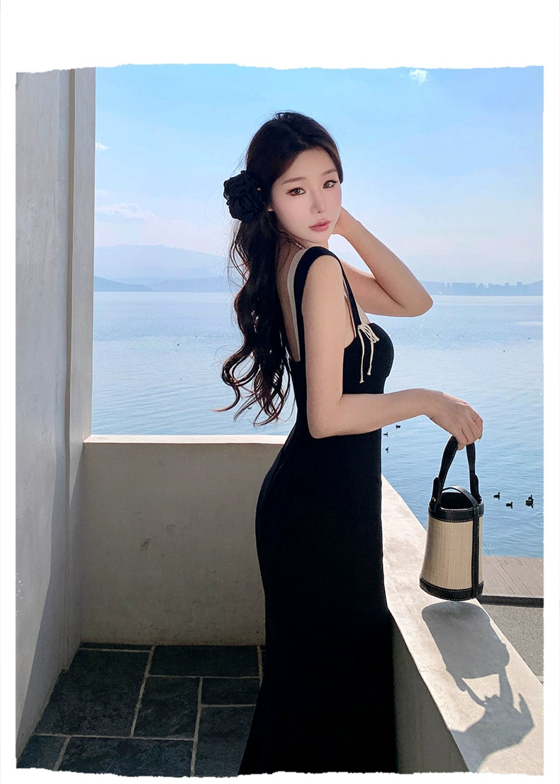 French Black Backless Dress Step-by-Step Lotus Sling