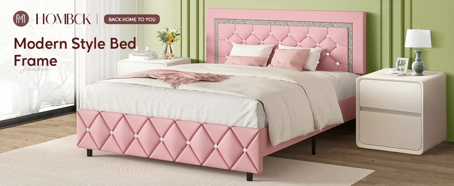 Queen Bed Frame, Upholstered Bed Frame Queen Size with Diamond Tufted Headboard, Faux Leather Headboard & , Wood