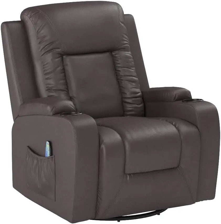 Recliner Chair, PU Rocking Chair for Adults, Swivel Recliner with Cup Holders, Heat and Massage, Single Sofa Seat