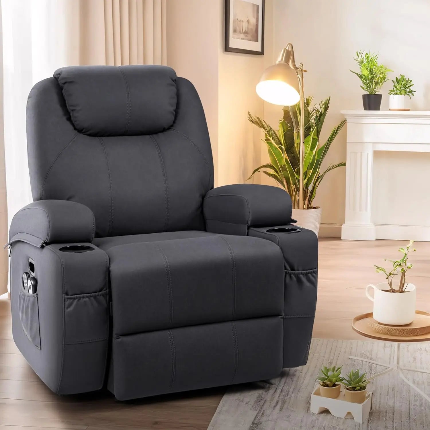 Power Lift Recliner Sofas with Massage, Ergonomic Lounge Chair Classic Single Sofa with 2 Cup Holders Side Pockets Theater Seat