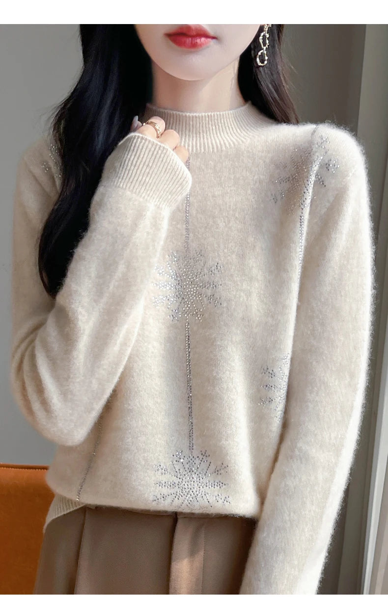 Diamond 100% Merino Wool Sweater 2024 New Women's Fashion Autumn/Winter Warm Hoodie Elegant Half High Collar Jumper Knitted Top