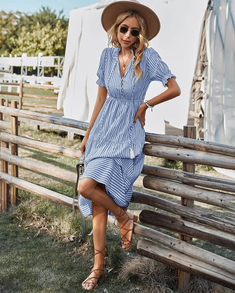 Women Elegant Striped Lantern Sleeve Summer Dress Causal V-neck Button Ruffles Midi Dress 2023 Women Beach Holiday Party Dress