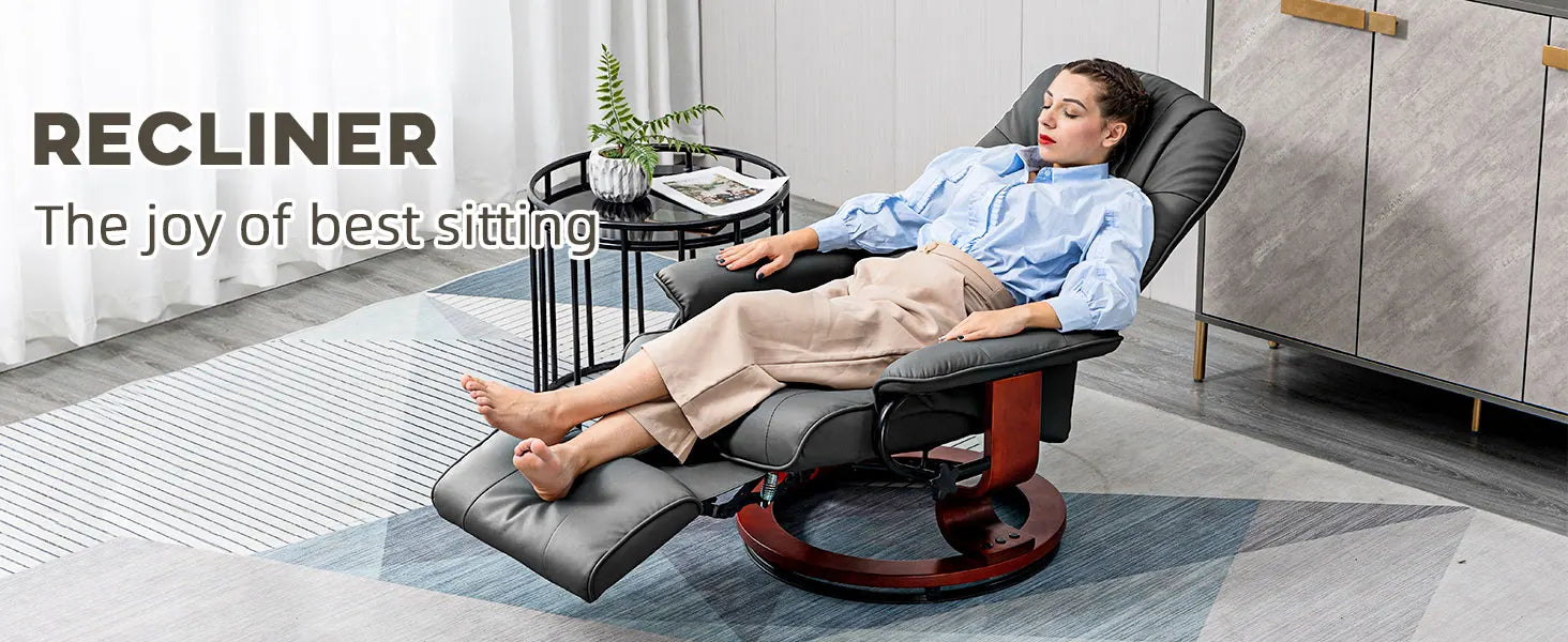 Faux Leather Manual Recliner, Adjustable Swivel Lounge Chair with Footrest, Armrest and Wrapped Wood Base for Living Room, Black