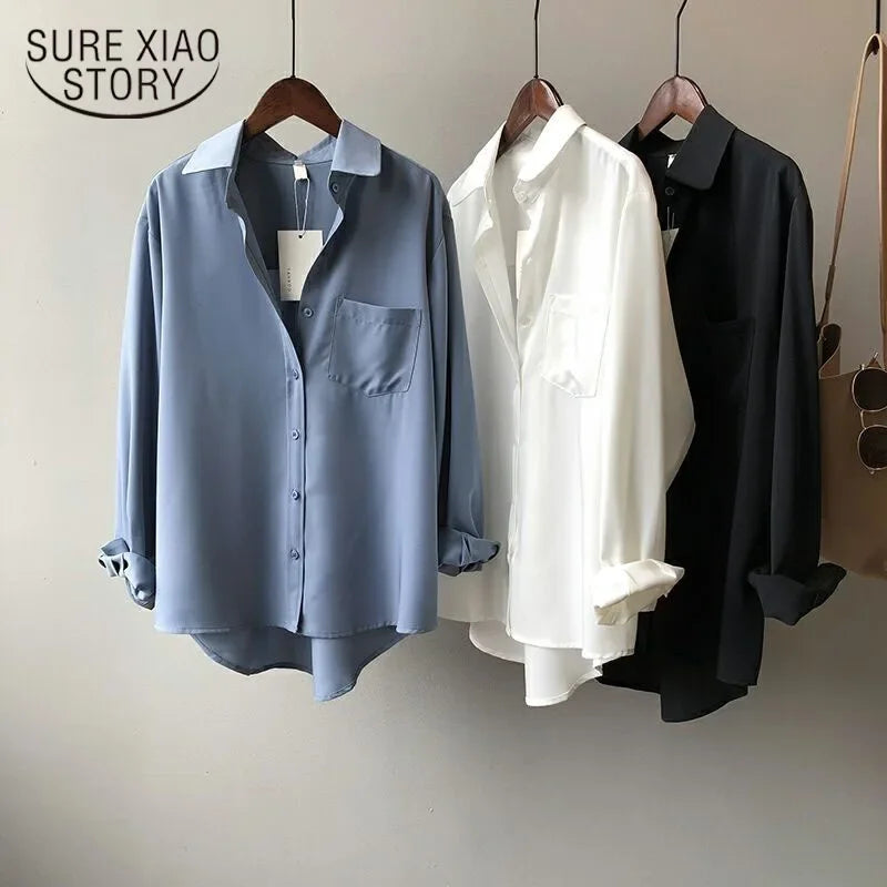 Women Shirt Classic Chiffon Blouse S-4XL Plus Size Loose Long Sleeve Shirt Lady Simple Style Tops Female Clothes New Blusas 6830