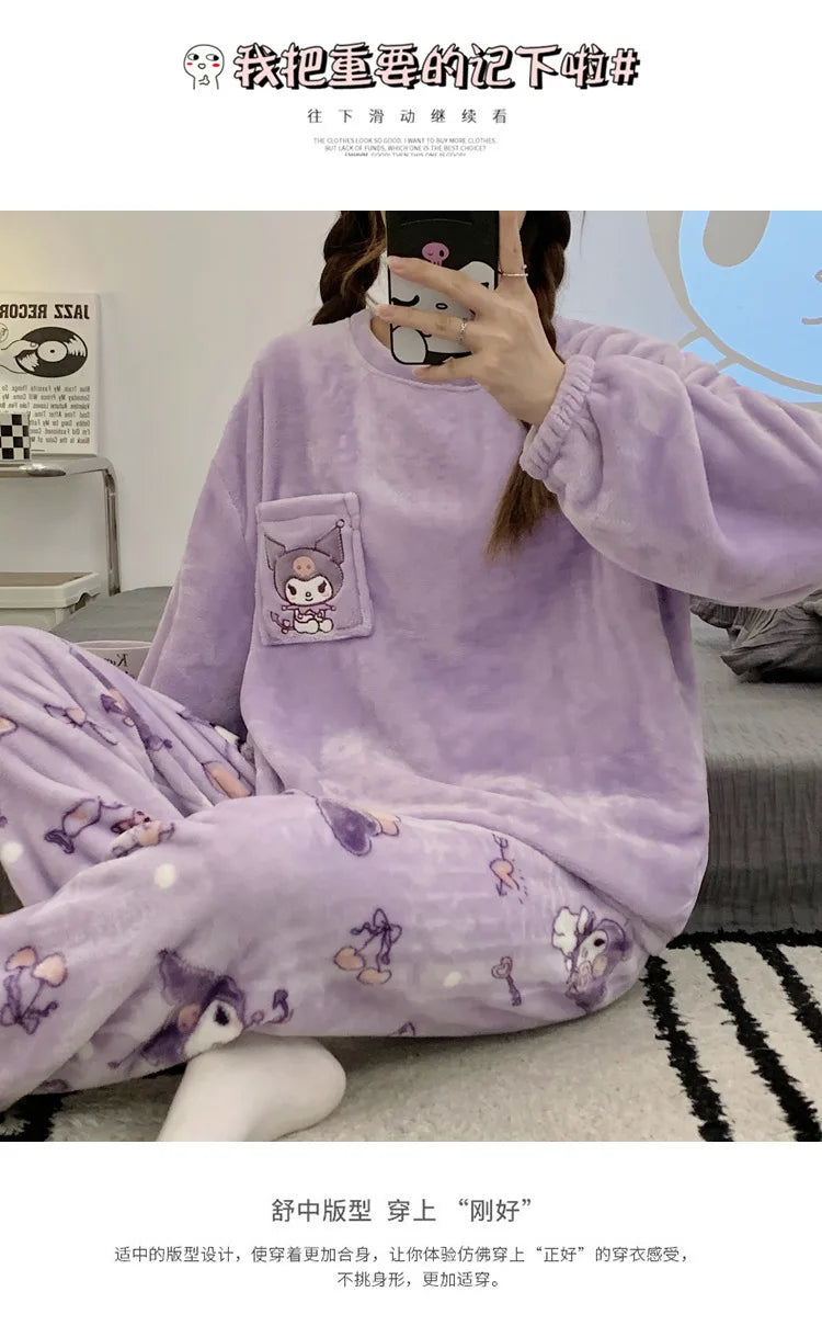 New Sanrio Kuromi Pajama Sets Women Winter Warm Plush Cute Sleepwear Print Pajama Cartoon Home Clothes Valentine'S Day Gift Soft