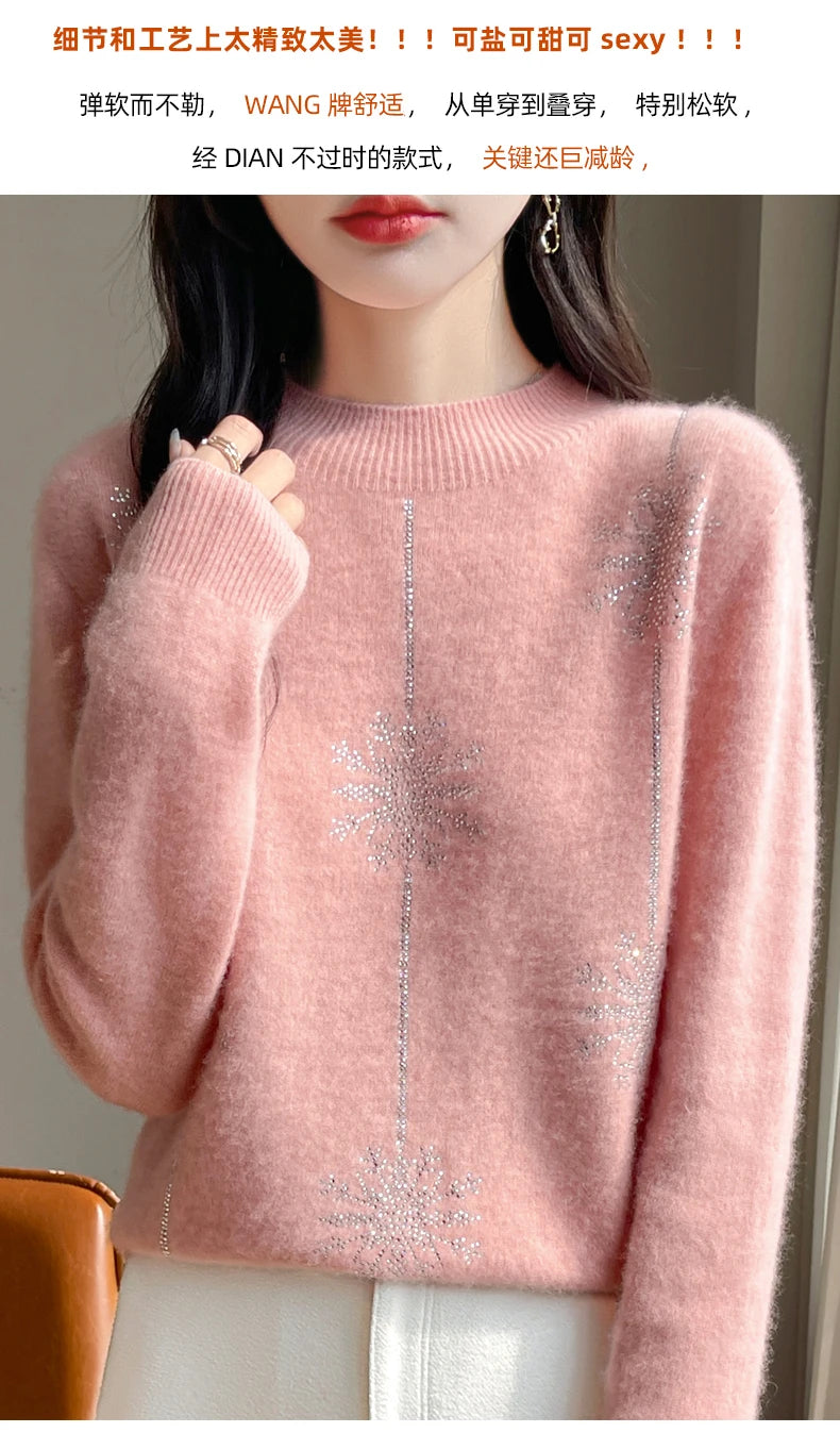 Diamond 100% Merino Wool Sweater 2024 New Women's Fashion Autumn/Winter Warm Hoodie Elegant Half High Collar Jumper Knitted Top