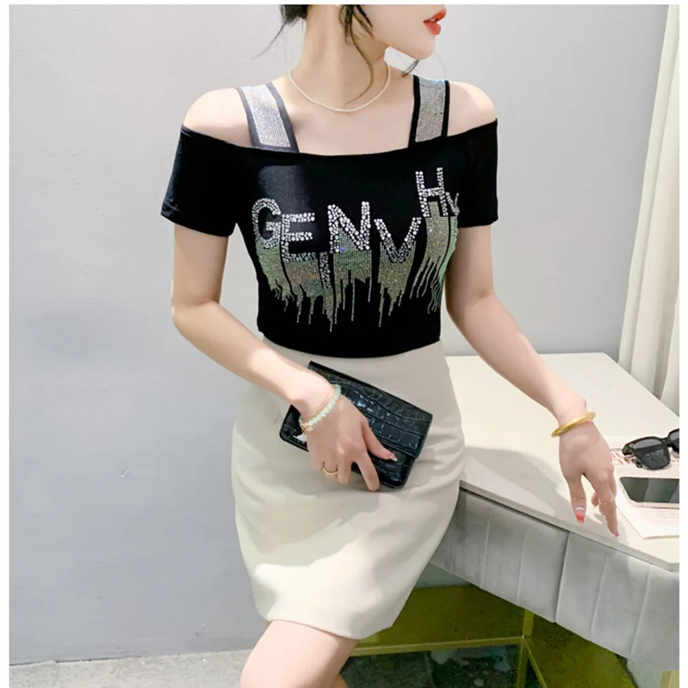 M-3XL Summer New Women's Letter Hot Diamonds T-shirt Clothes Sexy Off Shoulder Short Sleeve Tops Luxury Girl Mesh Slim Tees 2024