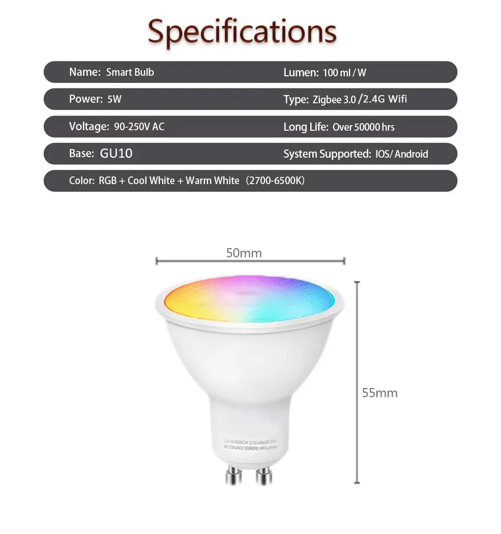 Smart WiFi Zigbee LED Light Bulb GU10 Dimmable RGBCW Led Lamp For Ewelink APP Alexa Google Home Yandex Smartthings