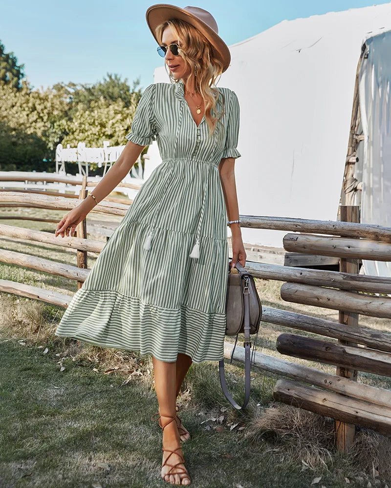 Women Elegant Striped Lantern Sleeve Summer Dress Causal V-neck Button Ruffles Midi Dress 2023 Women Beach Holiday Party Dress