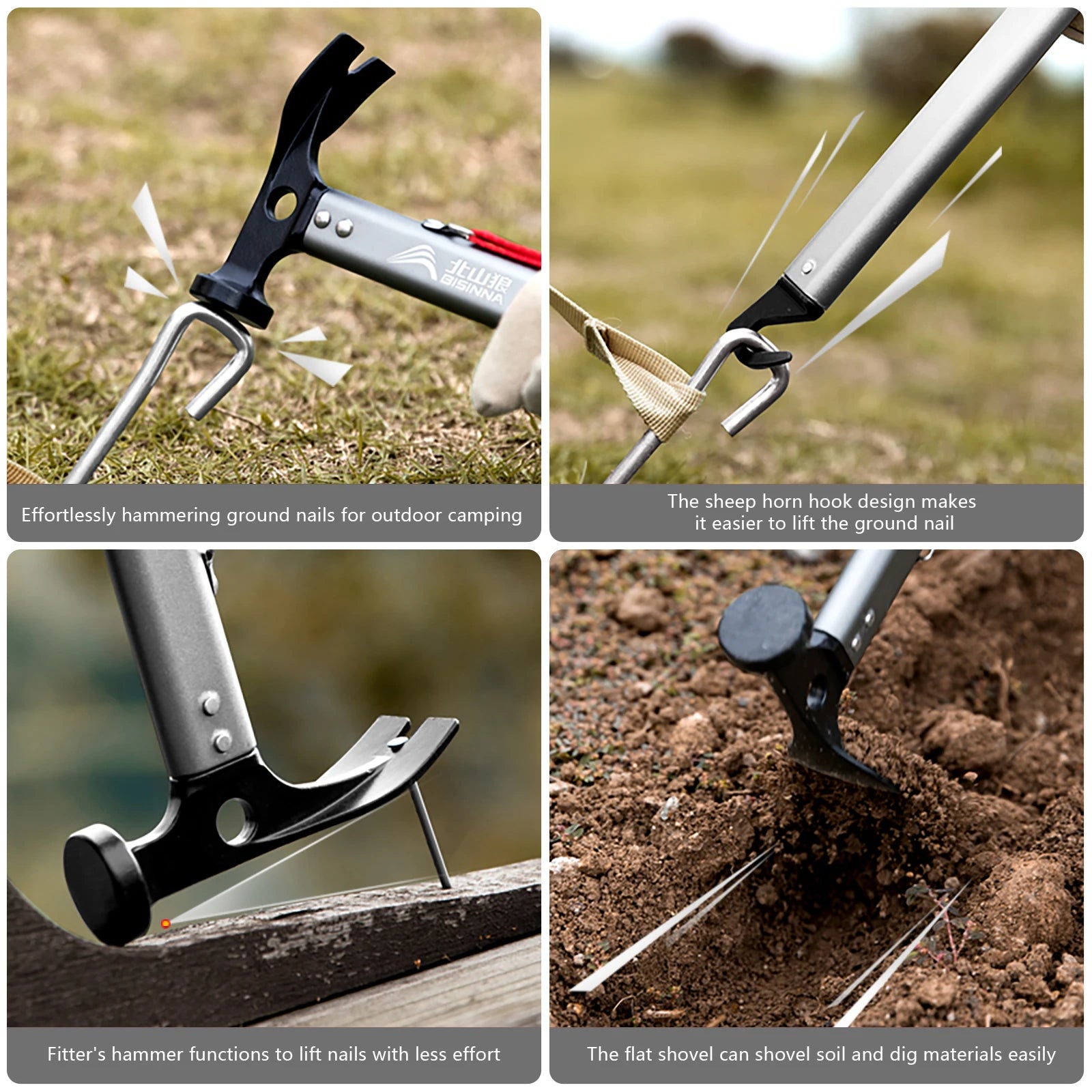 BISINNA Multi-functional Camping Hammer Outdoor Tent Stakes Multi-tool With Alumimum Alloy Handle Ultralight Camping Supplies