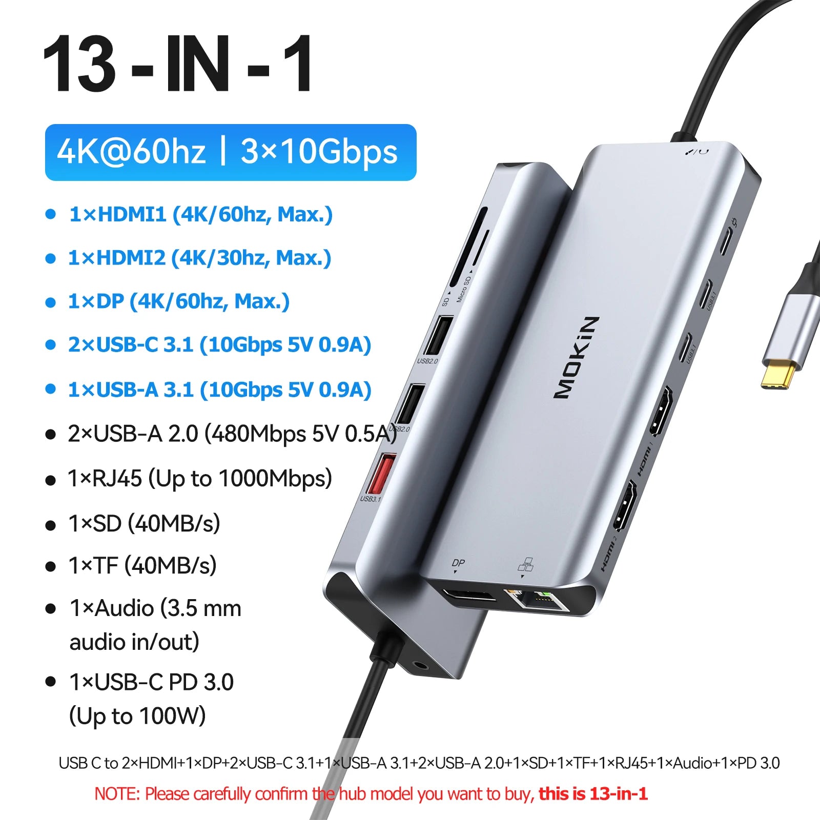 MOKiN USB C HUB 4K60Hz Type C to HDMI 4K DP 3 USB 3.1 Gigabit Ethernet  PD100W Docking Station for MacBook Pro Air M2 M1 usb hub