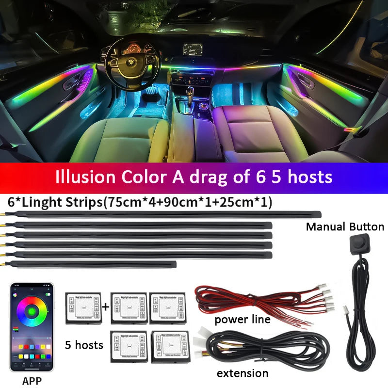 6 in 1 Car Interior Acrylic Guide Fiber Strip 18 in 1 Backlight Car Ambient Lights RBG 64 Color Decoration Atmosphere Lamp earu