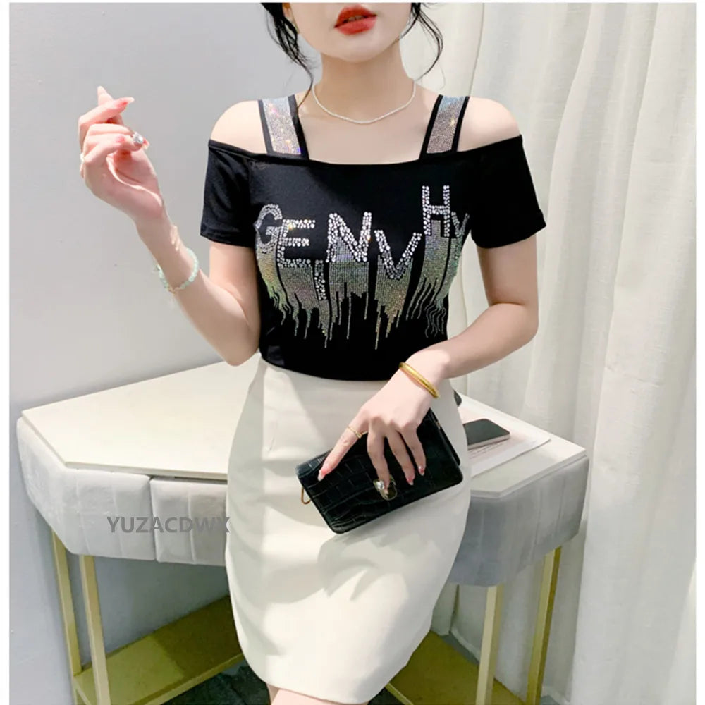 M-3XL Summer New Women's Letter Hot Diamonds T-shirt Clothes Sexy Off Shoulder Short Sleeve Tops Luxury Girl Mesh Slim Tees 2024