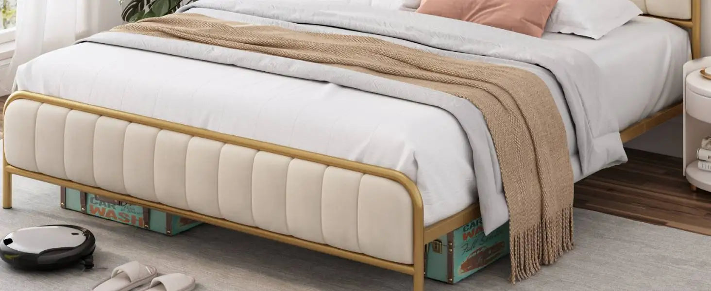 Full Size Bed Frame with Button Tufted Headboard, Upholstered Heavy Duty Metal Mattress Foundation with Wooden Slats